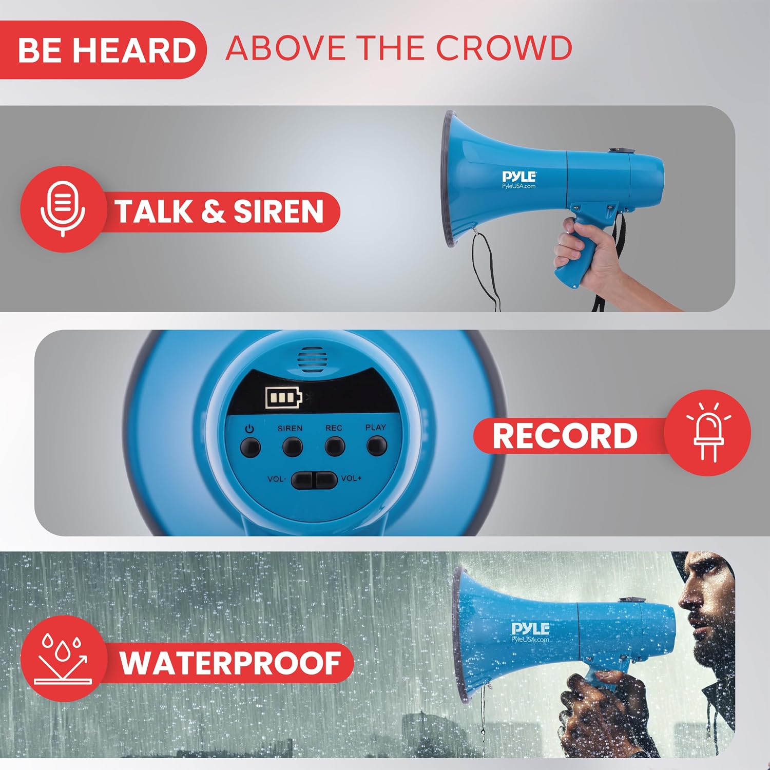 Portable Megaphone Bullhorn Speaker–50W Waterproof PA Loudspeaker with Built-In Siren, Adjustable Volume & Tone