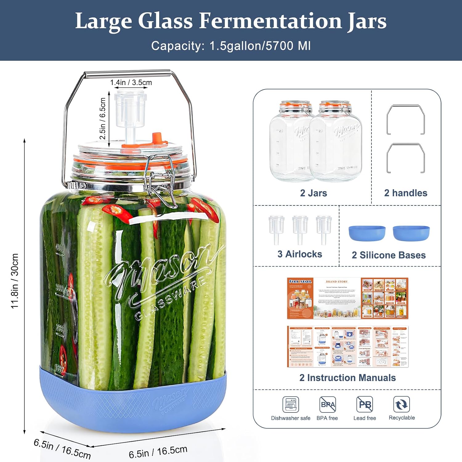 1.5 Gallon Fermentation Jar, Pickling Jars for Sourdough Starter | 3 Airlock, Stainless Steel Handle, 4.3” Wide