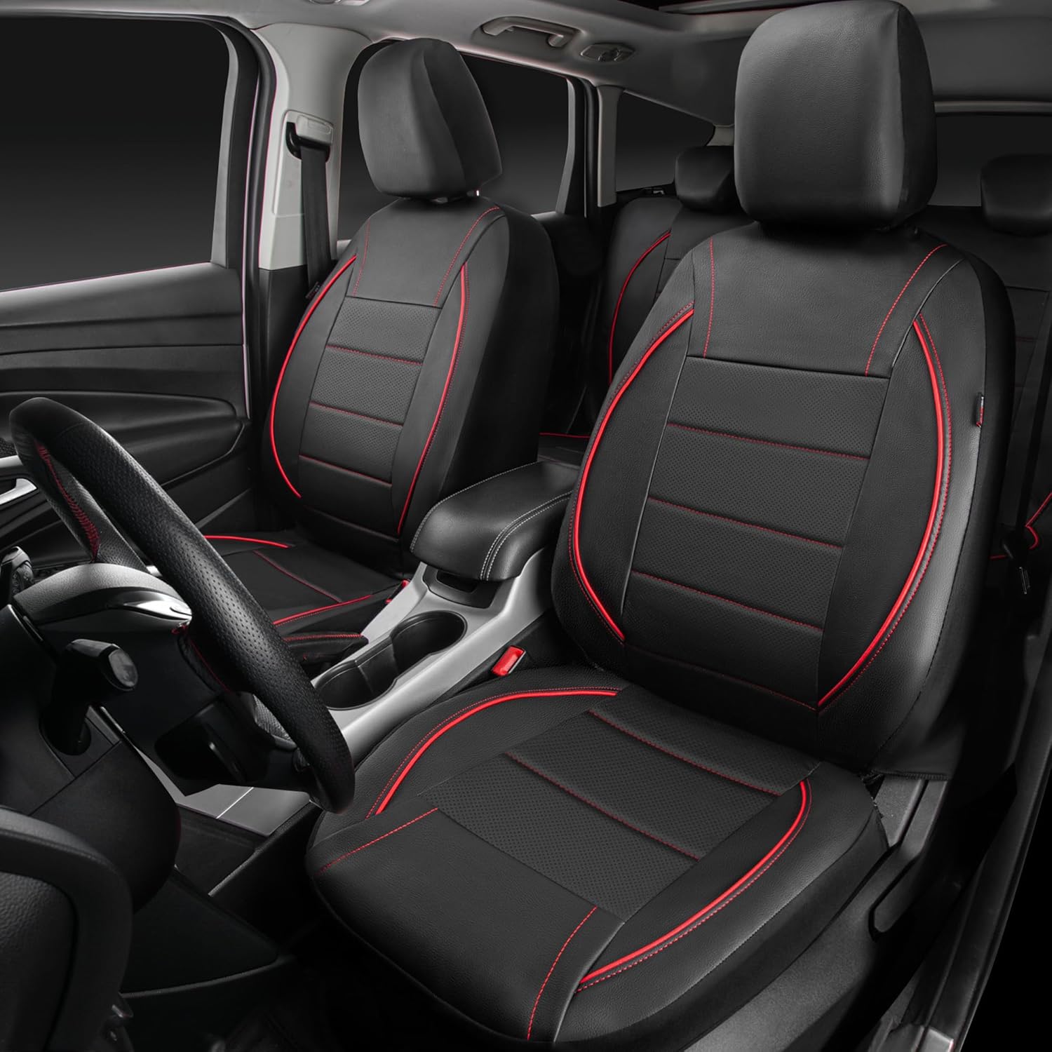 Universal FIT Piping Leather Two Front Seat Covers, Waterproof Faux Leather for SUV Sedan Van Truck, Airbag