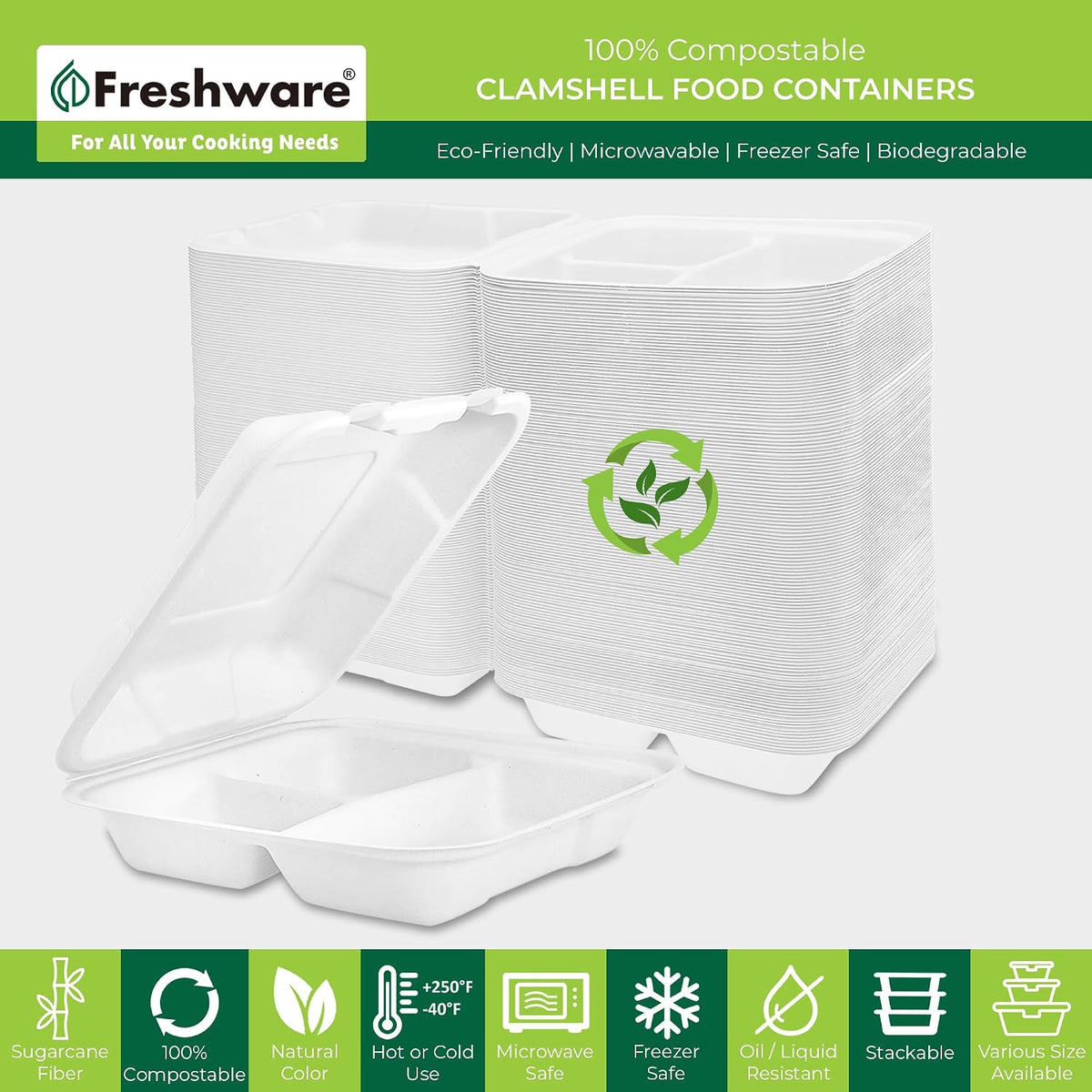 Clamshell Food Containers with Lids [9x9"] 3-Compartment 100-Pack, Disposable To Go Containers, Biodegradable