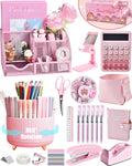 21Pcs Pink Desk Organizers and Accessories With Mesh Desk Organizer and 360°Rotating Pen Holder and a Lot of Office
