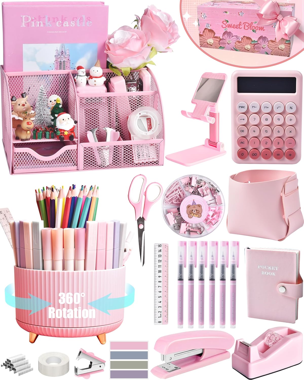 21Pcs Pink Desk Organizers and Accessories With Mesh Desk Organizer and 360°Rotating Pen Holder and a Lot of Office