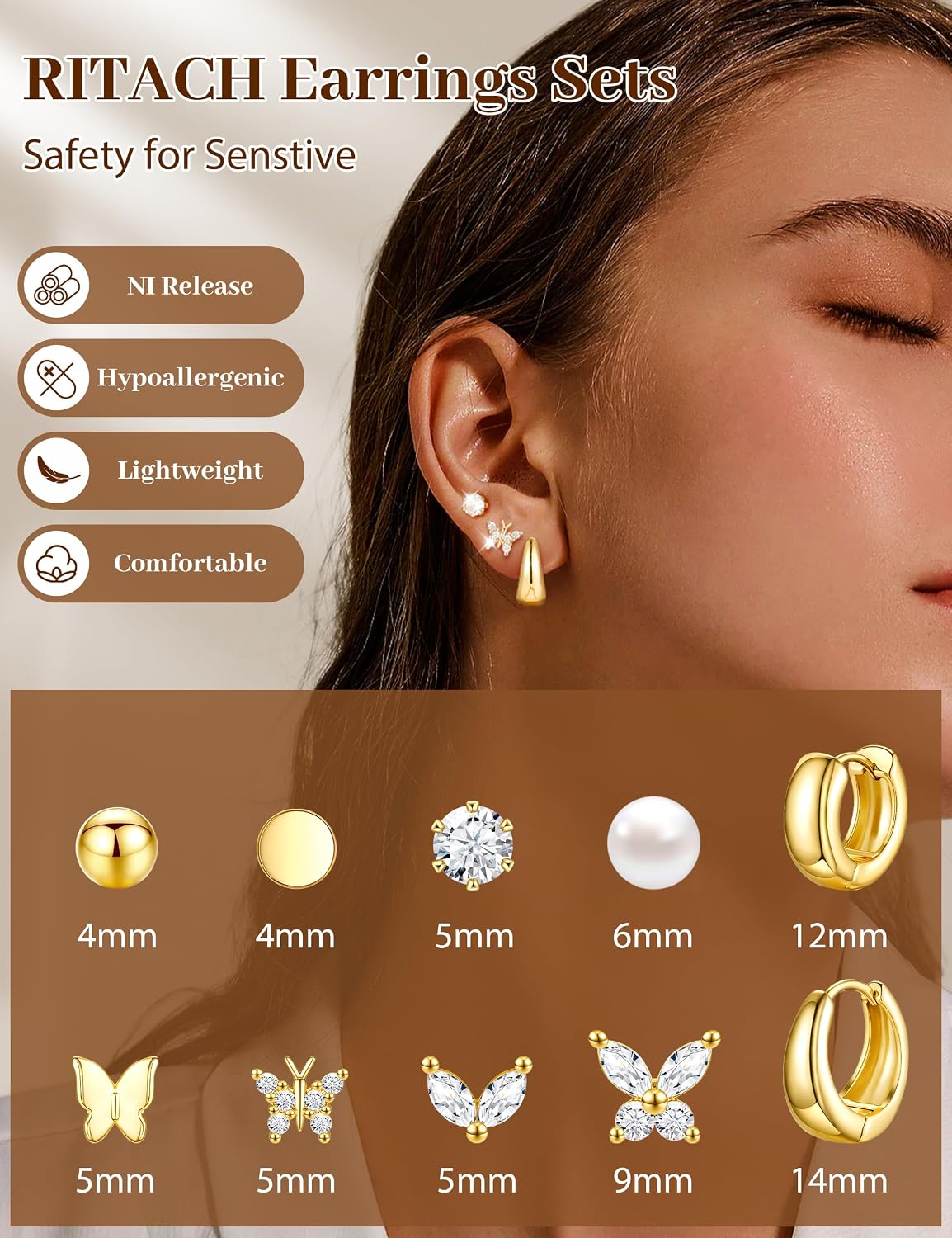 Small Gold Stud Earrings Set for Women - 14K Gold Plated CZ Huggie Hoops Hypoallergenic Earrings Dainty Flower Heart