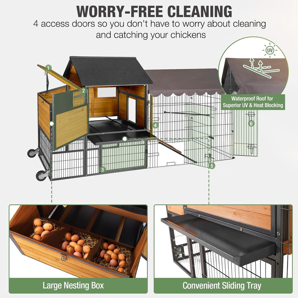 Extra Large Mobile Chicken Coop with Run, Portable Chicken Tractor with Wheels, Wooden Poultry Cage with All-Around