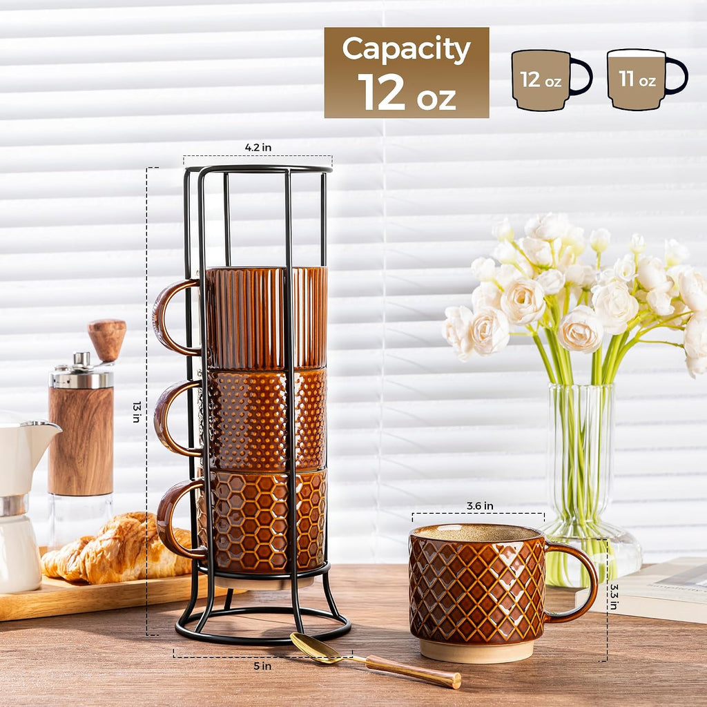 12oz Stackable Coffee Mugs with Stand, Ceramic Coffee Cups Set of 4