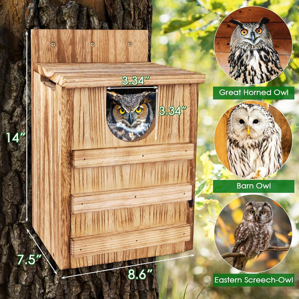 Owl House, Large Wooden Owl Nesting Box for Outside (8.7" x 7.5" x 14.2"), 3.3" Predator-Deterrent Entrance, Side