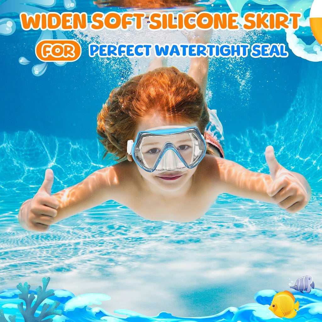 Kids Swim Goggles, Swimming Snorkel Diving Mask with Nose Cover for Youth 6-14 Tempered-Glass Panoramic View