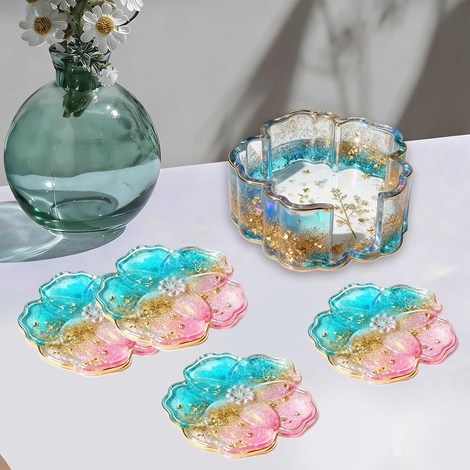 Silicone Coaster Resin Molds, 5PCS Flower Coaster Molds with Holder Mold for Epoxy Resin, Coaster Tray Resin Casting