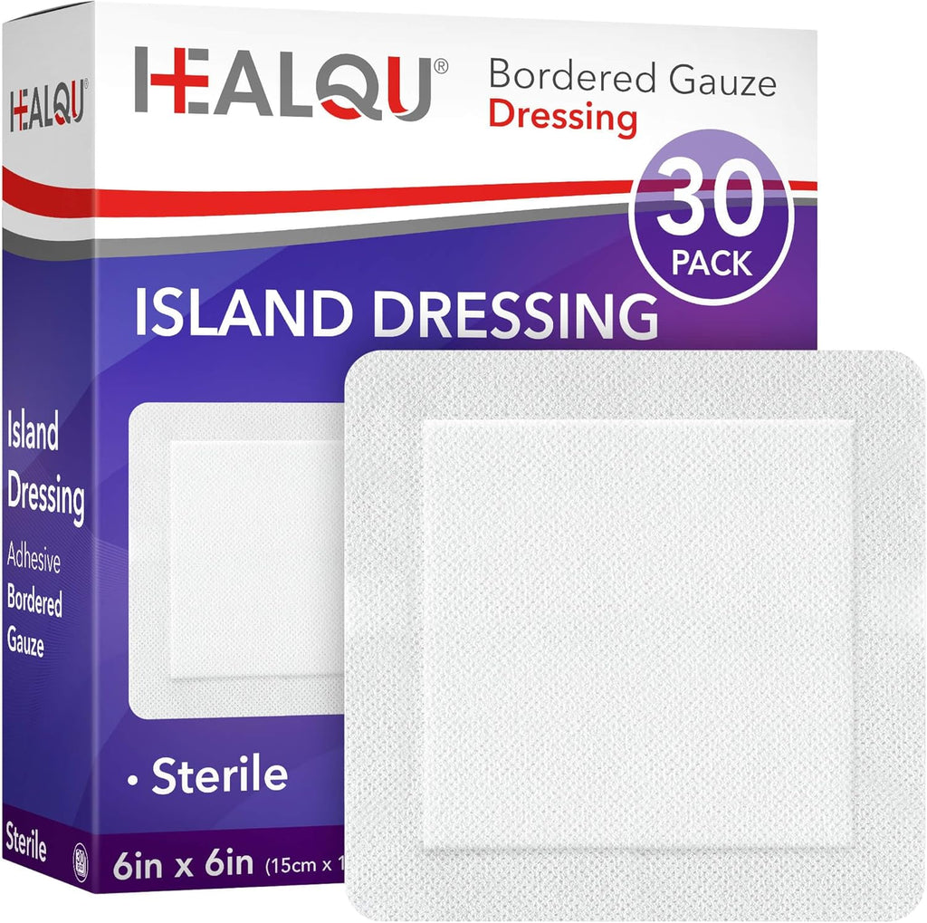 Island Dressing - 6"x6", 30 Count - Bordered Gauze Sterile Individually Wrapped Gauze Pads, Water-Resistant