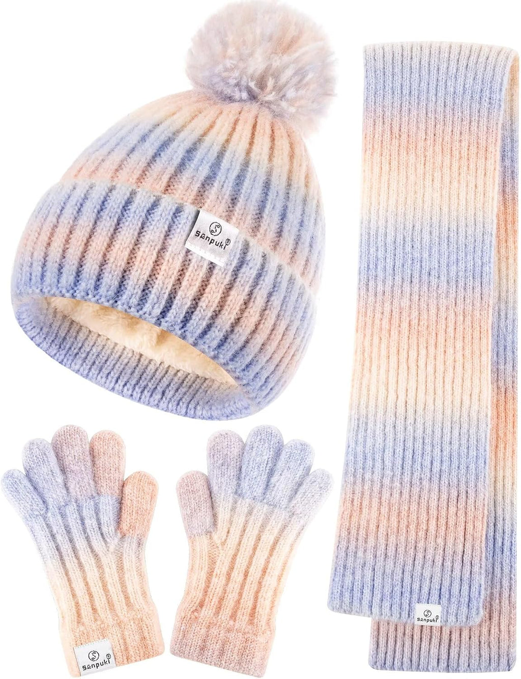 Kids Winter Beanie Gloves Scarf Set,Girls Toddler Winter Hat With Pom Neck Warmer Gaiter Mittens Fleece Lined Set