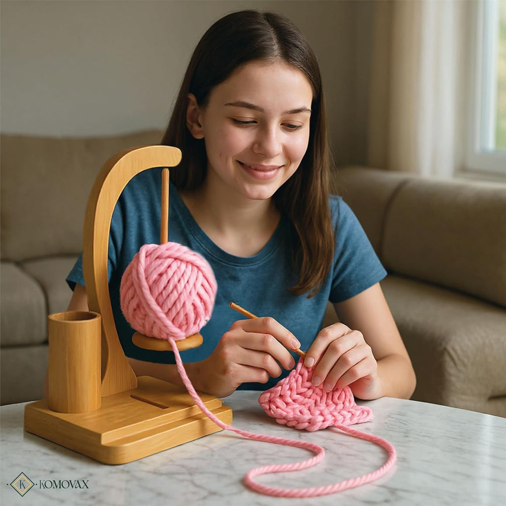 Wooden Yarn Holder with Sewing Kit & Crochet Ring – Portable Yarn Spinner for Crocheting, Knitting & Yarn
