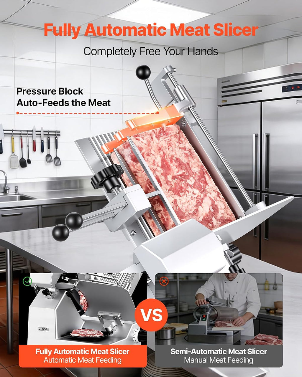 Fully Automatic Meat Slicer, 180W + 370W Commercial Food-Slicer with 10" Carbon Steel Blade, Built-In Sharpener &
