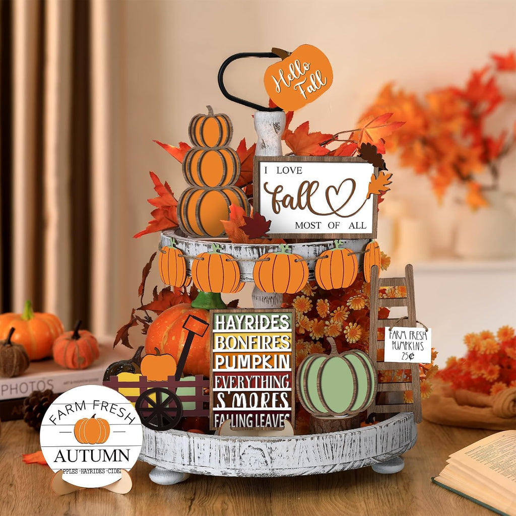15 Pcs Fall Decorations for Home Fall Tiered Tray Decor Set,Harvest | Maple Leaves Pumpkin Wooden Signs, Thanksgiving