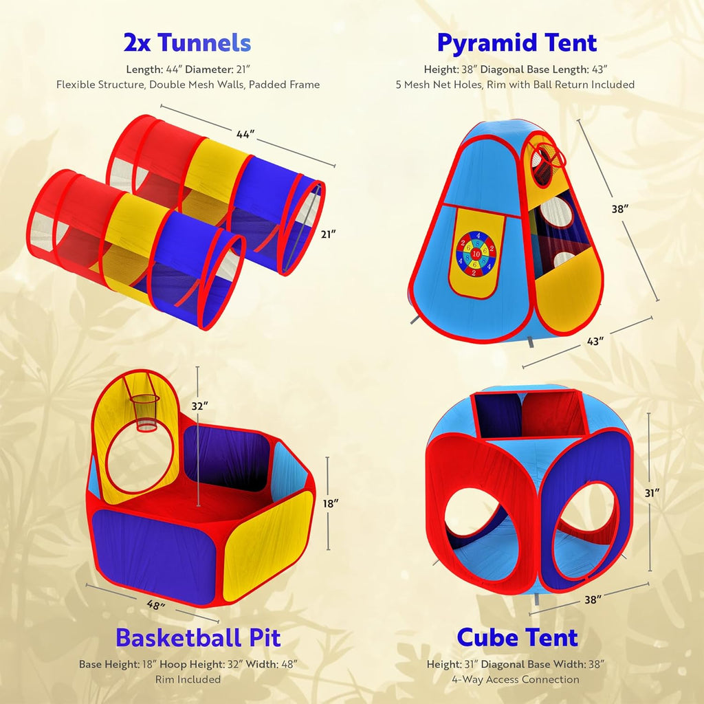5pc Kids' Play Tents & Tunnels - Ball Pit for Toddlers, Basketball Hoop, Crawling Tubes, Pop-Up Playhouses, Baby