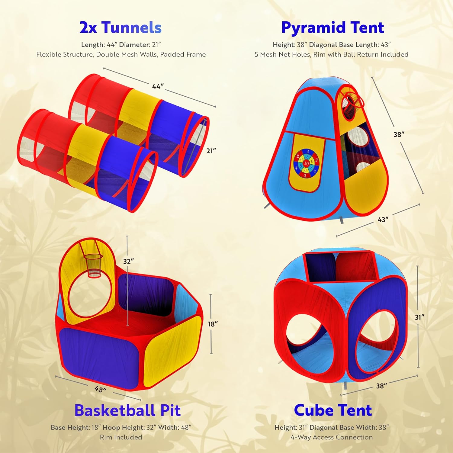5pc Kids' Play Tents & Tunnels - Ball Pit for Toddlers, Basketball Hoop, Crawling Tubes, Pop-Up Playhouses, Baby