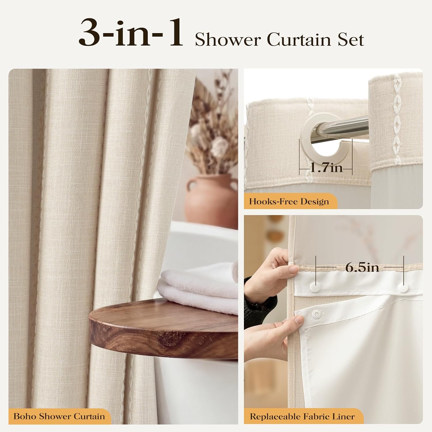 Cream Ringless Boho Stripe Tassel Shower Curtain with Snap Liner 72x75 | Heavy Duty Linen Blend, 3 in 1 Shower