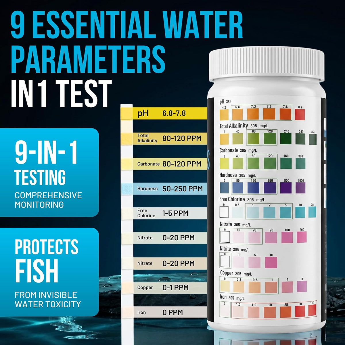9-In-1 Aquarium Test Strips – 100 Strips for Freshwater & Saltwater | Tests pH, Nitrate, Nitrite, Hardness, Chlorine