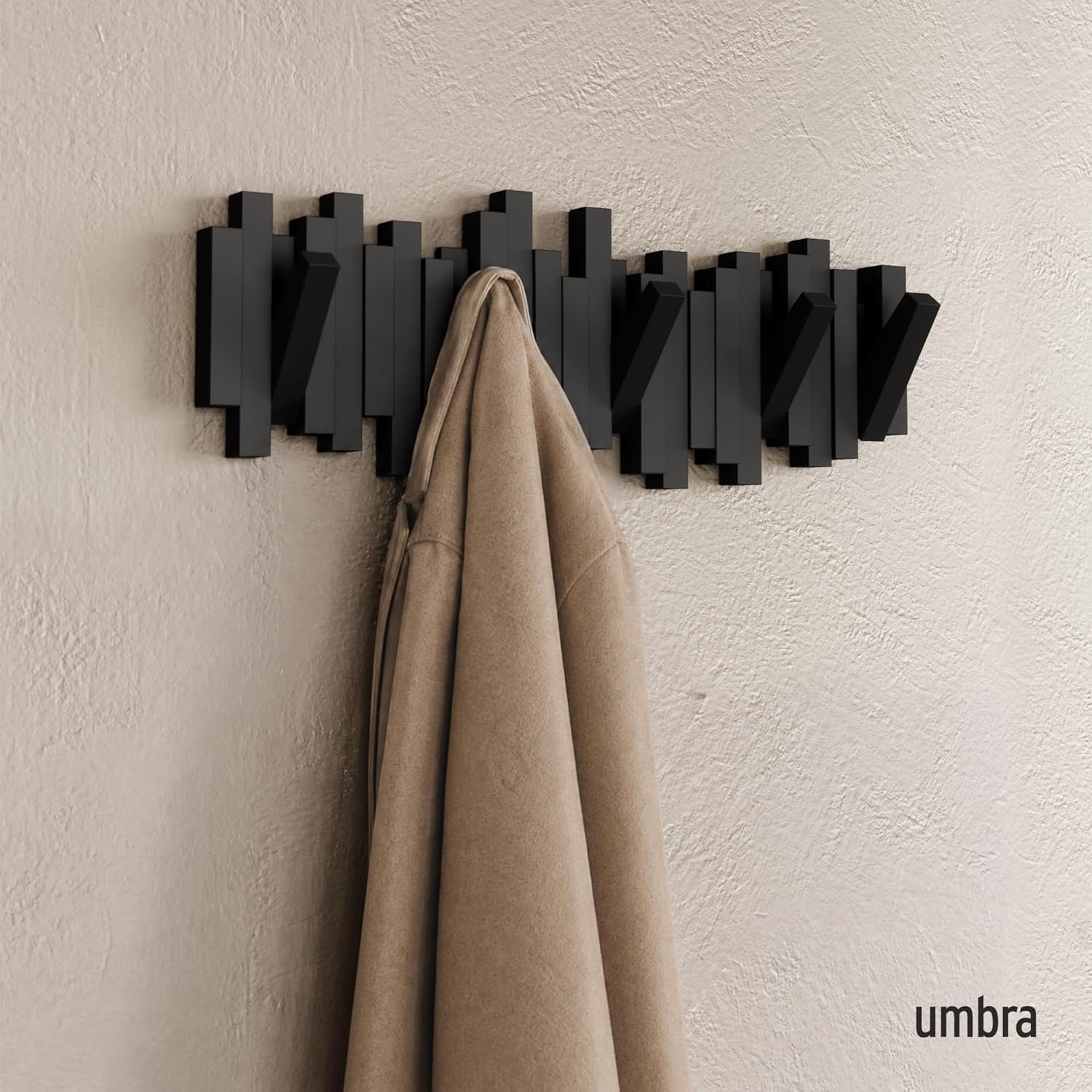 Sticks Wall-Mounted Coat Rack Rail Hook with 5 Retractable Pegs – Modern, Space-Saving Storage Organizer, Black