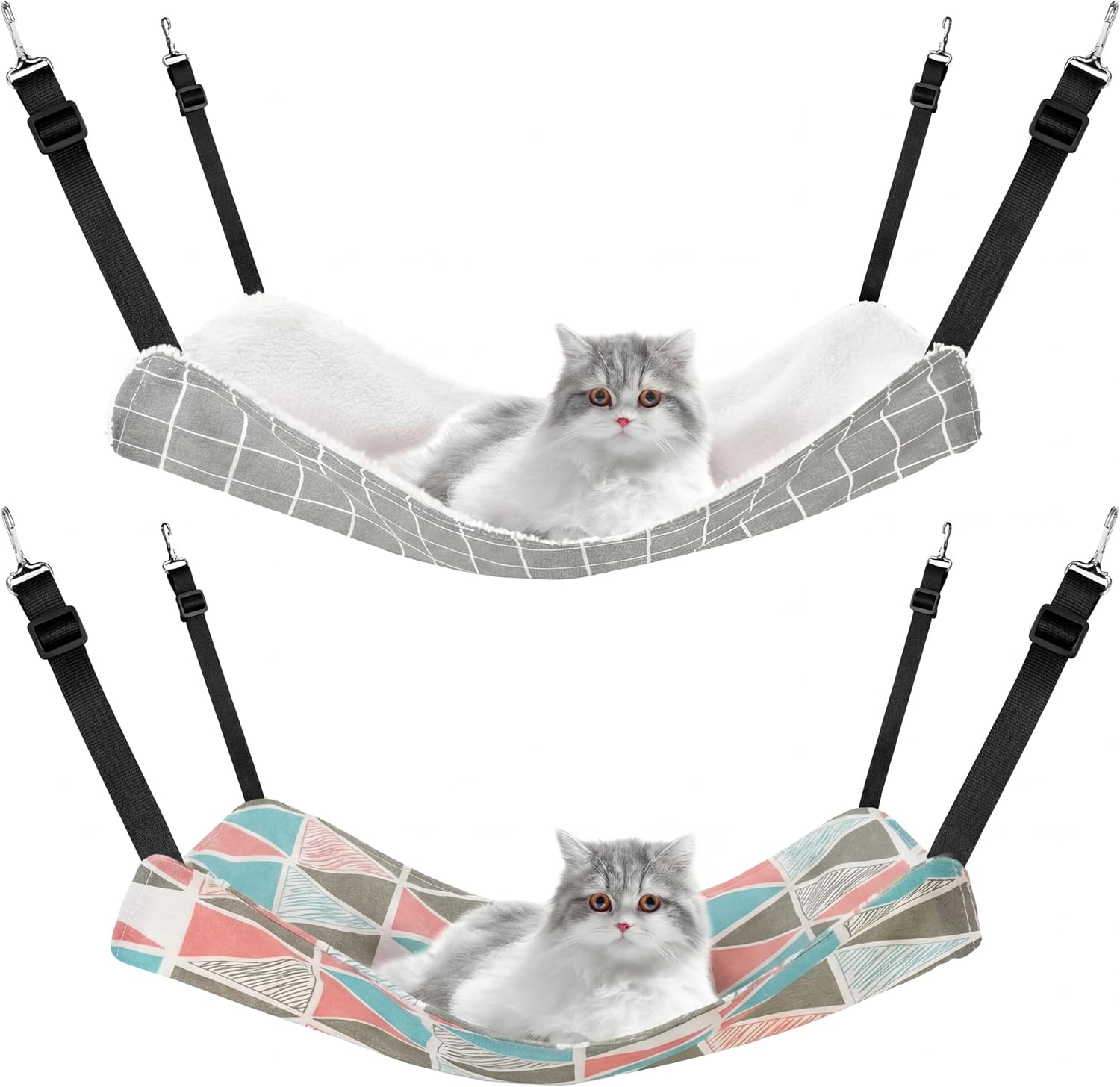 2 Pack Cat Hammock for Cage, Catio Accessories Reversible Soft Cats Bed with Adjustable Straps and Hooks Double-Sided