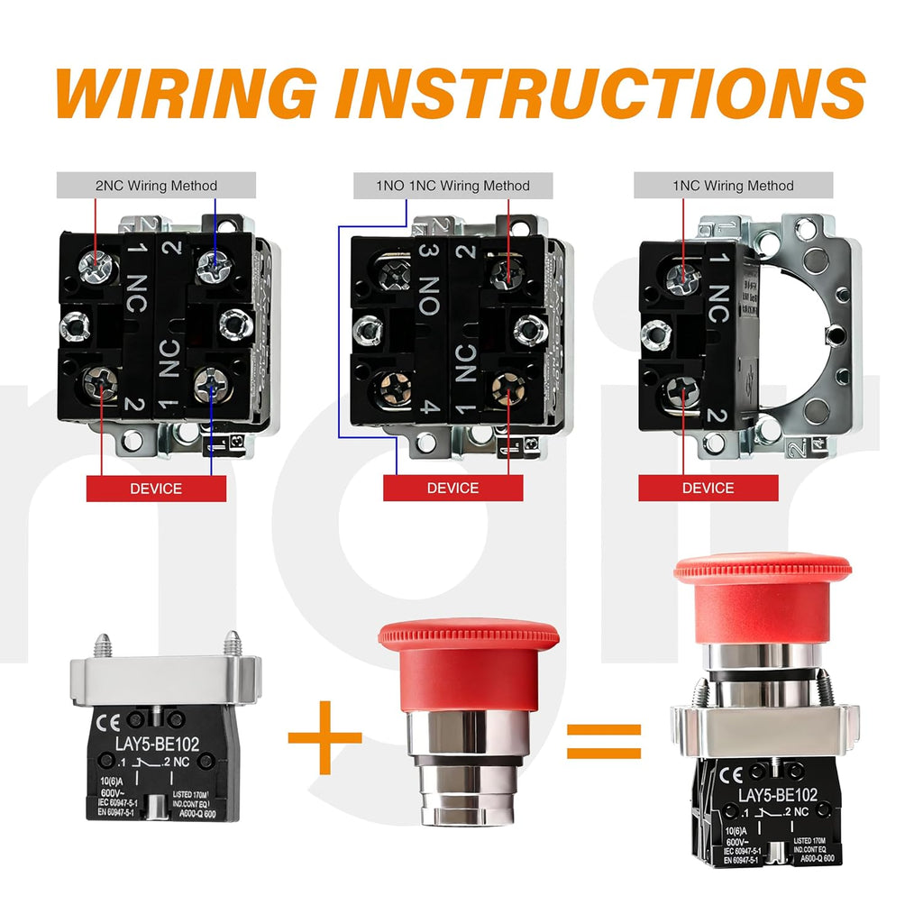 22mm 1NC 1NO Red Mushroom Emergency Stop Self-Locking Push Button Switch 600V 10A.
