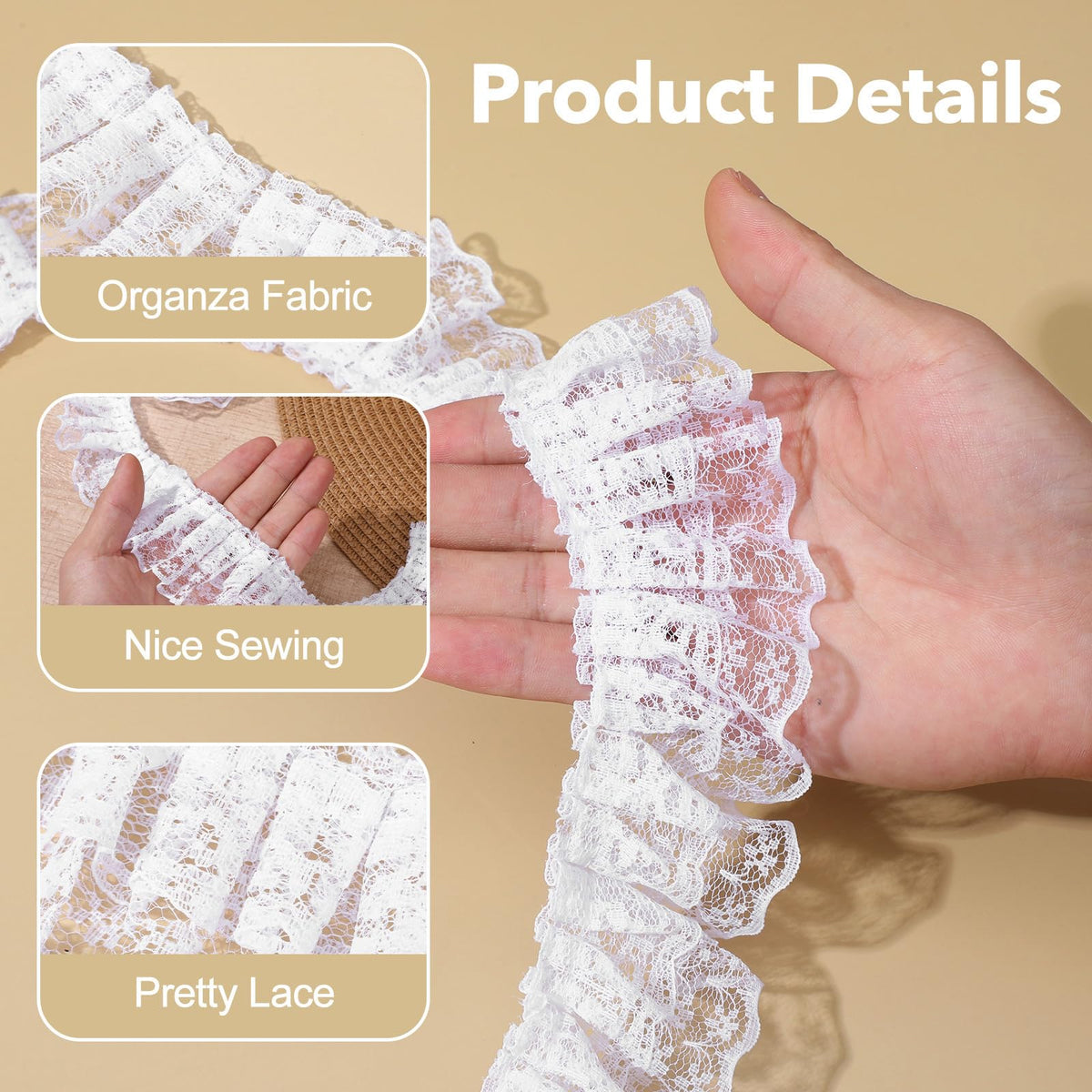 White Lace Ribbon, 1.8" x 6 Yards Double Layer Ruffle Trim