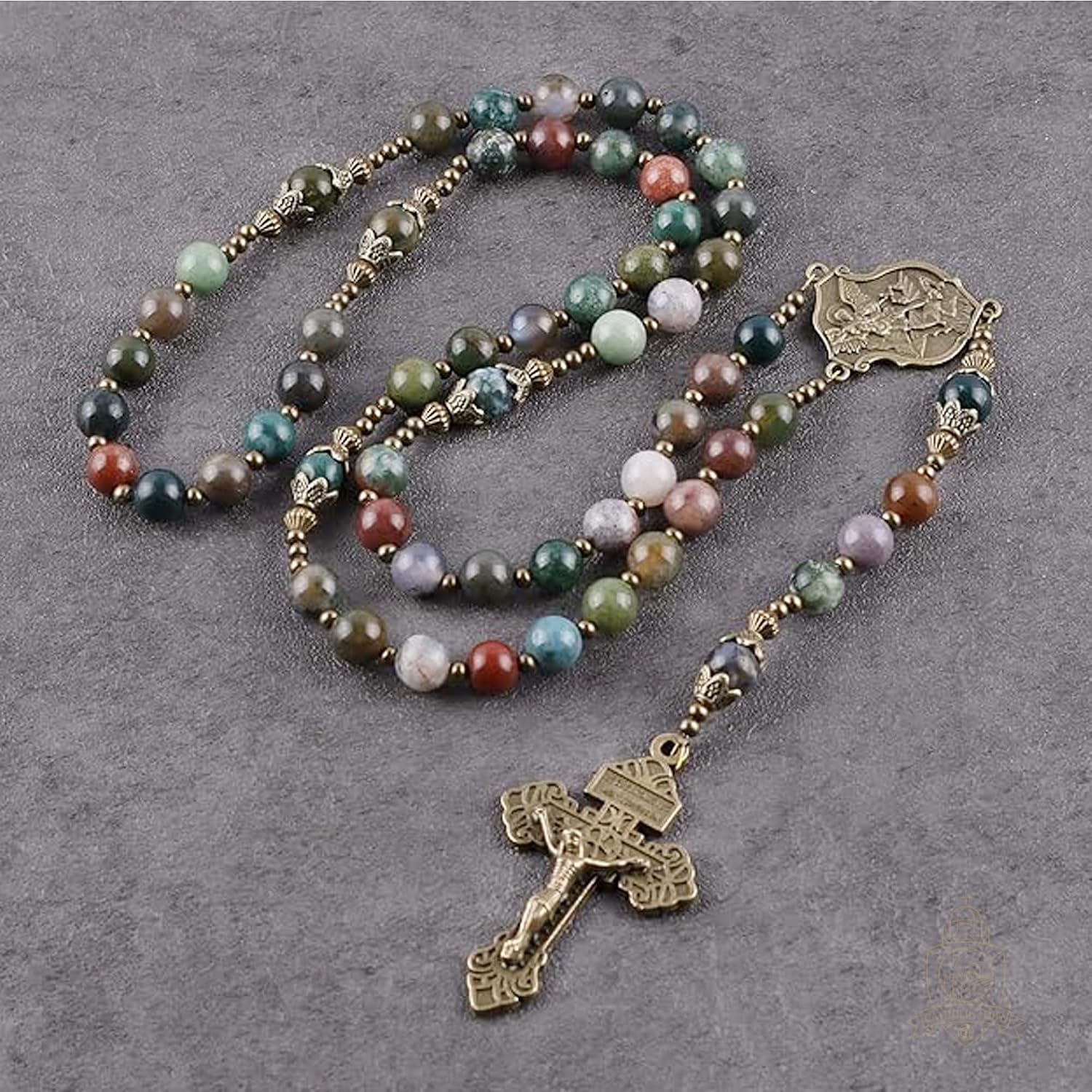 Catholic Town 8mm India Agate Natural Stone Beads, Large Rosary with Caps Saint Michael the Archangel Medal and