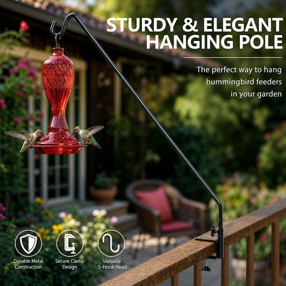 Heavy Duty Extensible Deck Hook - Adjustable for Hanging Bird Feeders, Plants, Wind Chimes, Lanterns