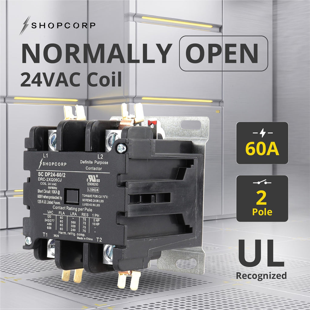 60 Amp AC Contactor, 2 Pole Contactor, 24V Coil, UL Recognized