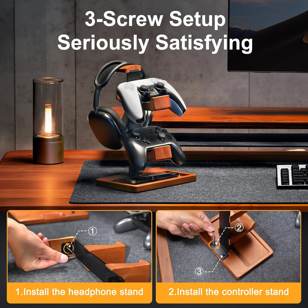 Solid Wood Controller Holder and Headphone Stand, Controller Stand for Desk | Dual Gaming Controller Organizer Rack