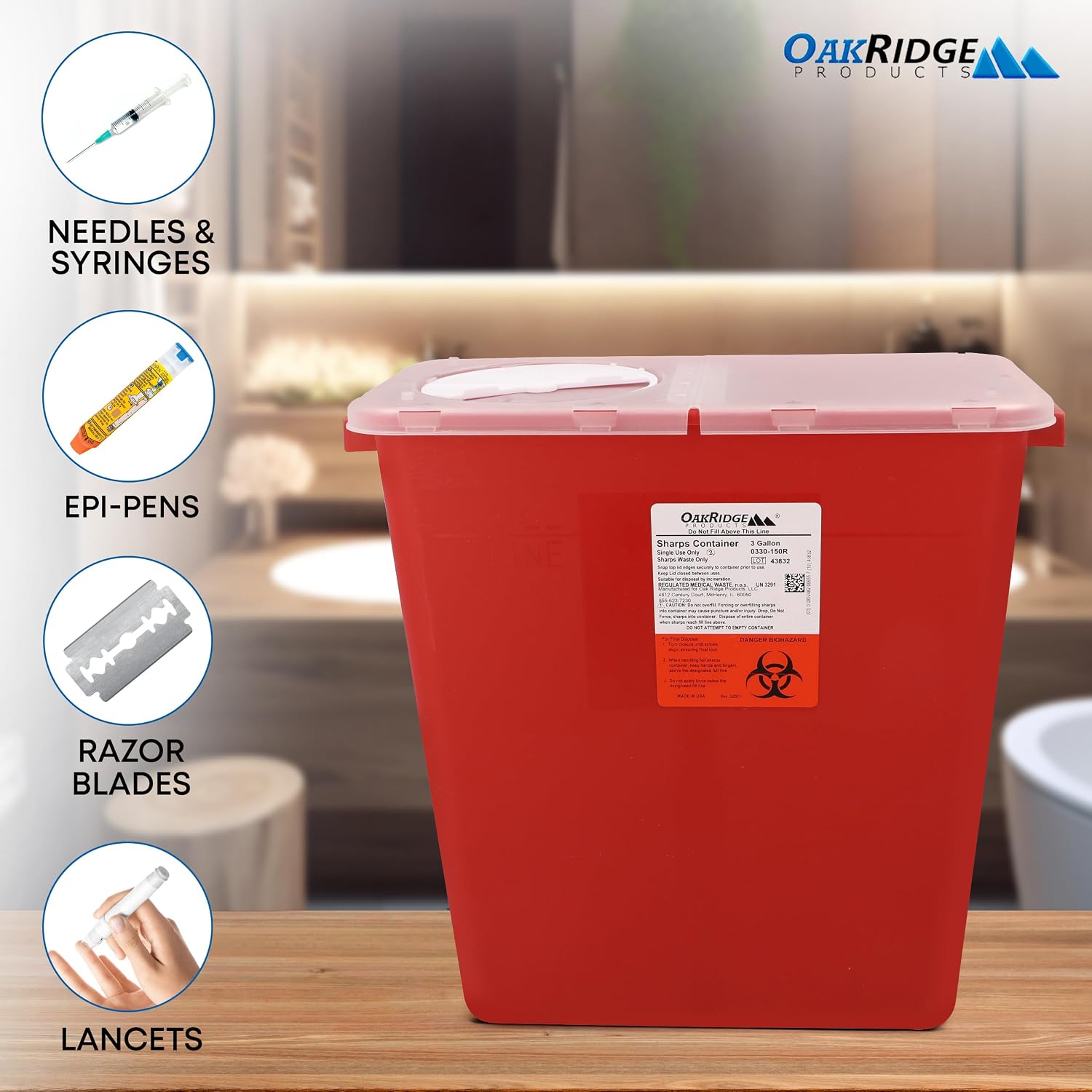 Large Sharps Container for Home Use and Professional 3 Gallon (1-Pack) with Rotating lid, Biohazard Needle and