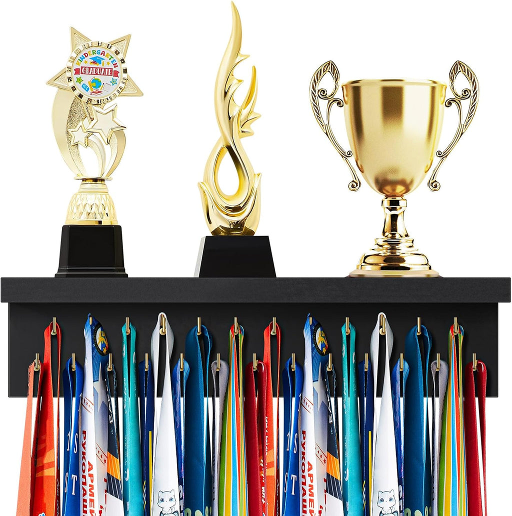 Wooden Medal Hanger Display Trophy Holder Shelf with 25/37/49/65/83 Hooks Wall Mount Ribbon Holder Gift for