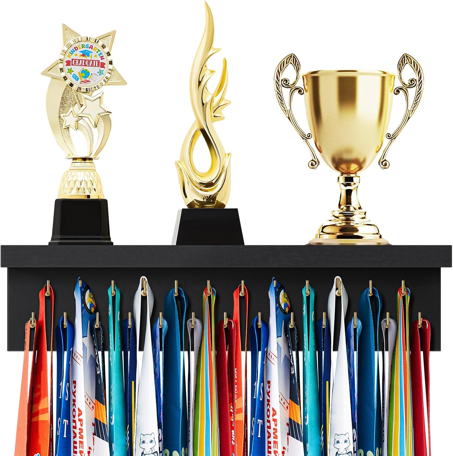 Wooden Medal Hanger Display Trophy Holder Shelf with 25/37/49/65/83 Hooks Wall Mount Ribbon Holder Gift for