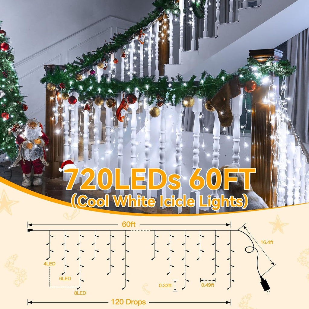 Icicle Lights for Outside 720LED 60FT, Cool White Christmas Lights with Remote 8 Modes Dimmable, Waterproof