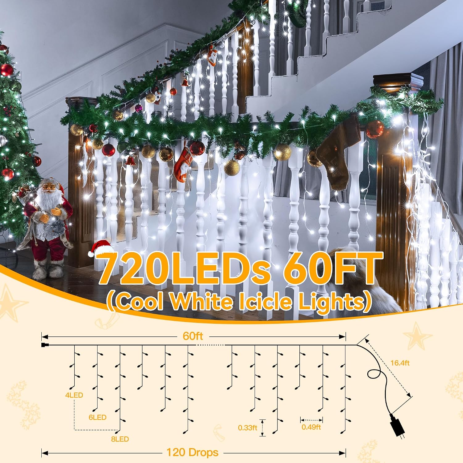 Icicle Lights for Outside 720LED 60FT, Cool White Christmas Lights with Remote 8 Modes Dimmable, Waterproof