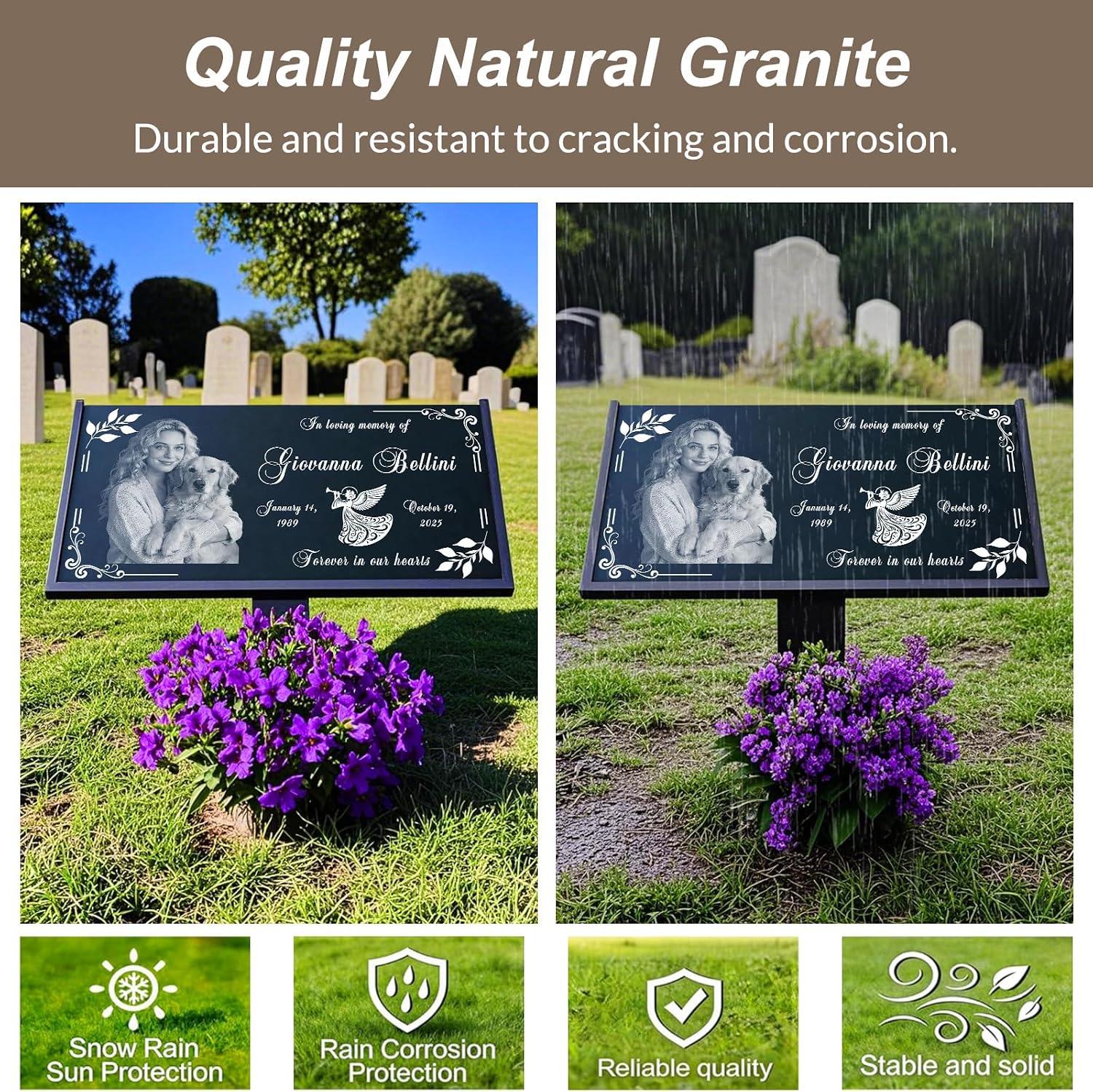 Headstone Grave Marker, Natural Granite Memorial Stone Cemetery Tombstone Personalized Engraved Temporary Grave Stone