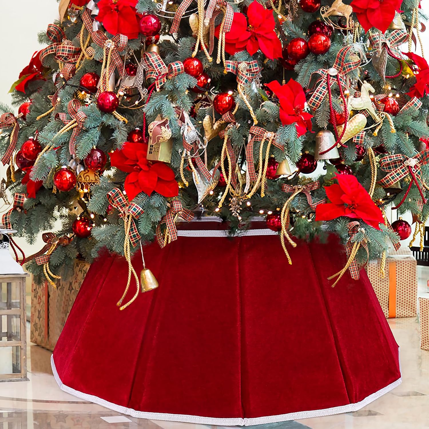 Christmas Tree Collar Red Velvet Folable Christmas Tree Ring Tree Skirt for Artificial Trees Base Stand Cover