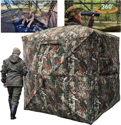 Hunting Blind with Floor Mat, 360 See Through Ground Blind, Pop Up | 2/3/4 Person Camouflage Tent, Portable Concealed