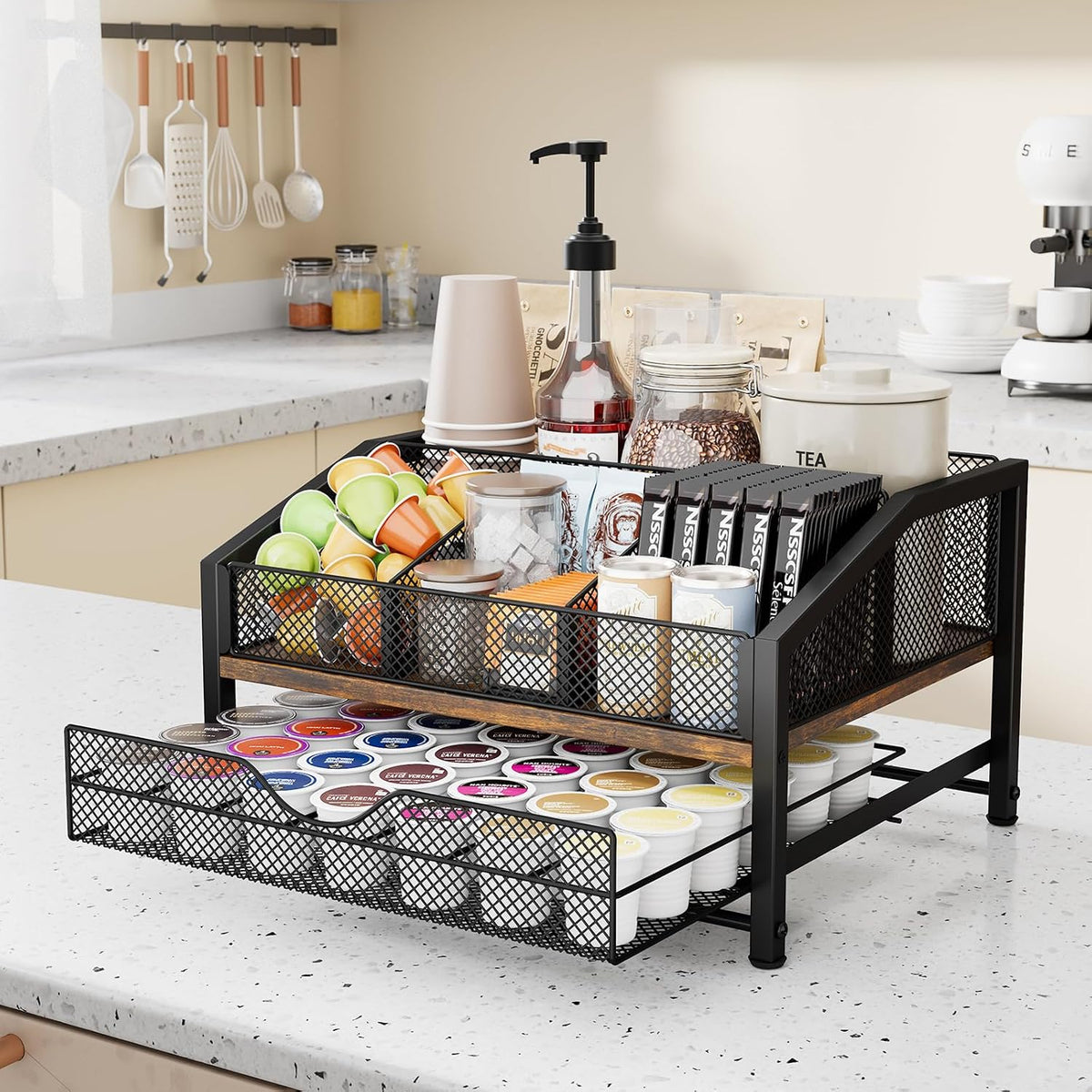 Coffee Bar Organizer, Metal & Wood Coffee Station Holds 42 K Cup