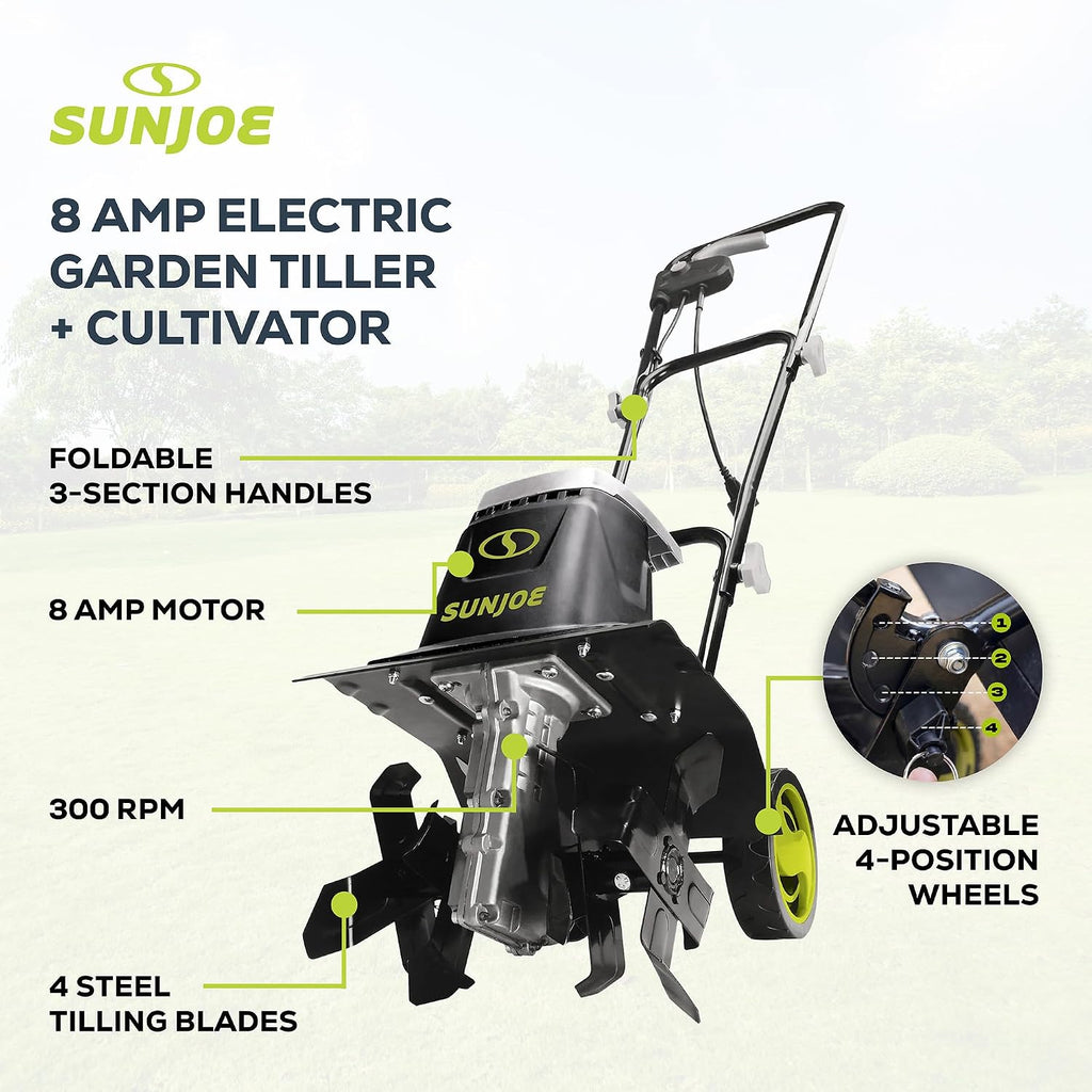 Electric Garden Tiller and Cultivator with 3 Position Height Adjustment Maximum 12-inch Cultivating Width and 8 Amp