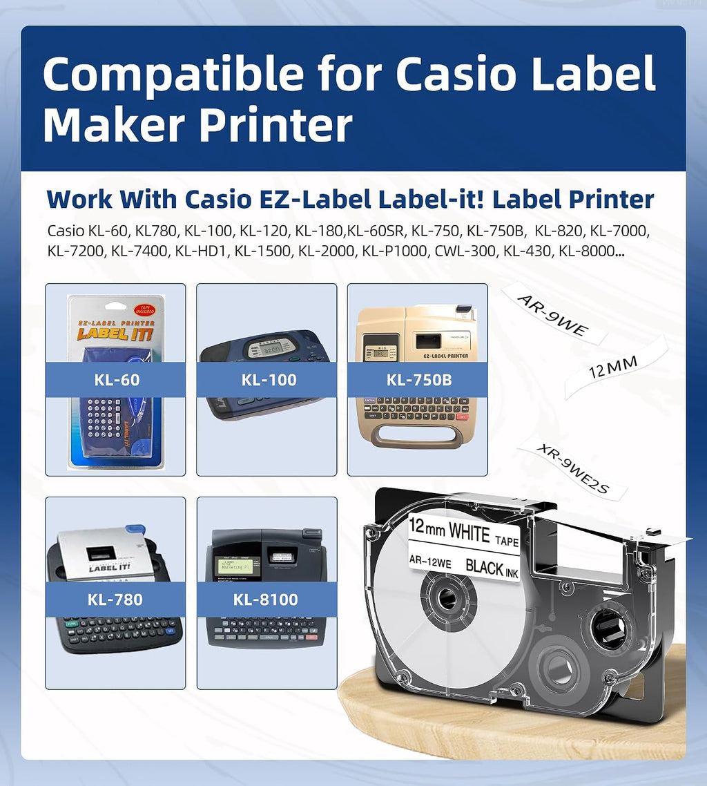 Replacement for Casio XR-12WE 12mm (1/2") Black on White Label Maker Tape | Compatible with Casio EZ Label Printers