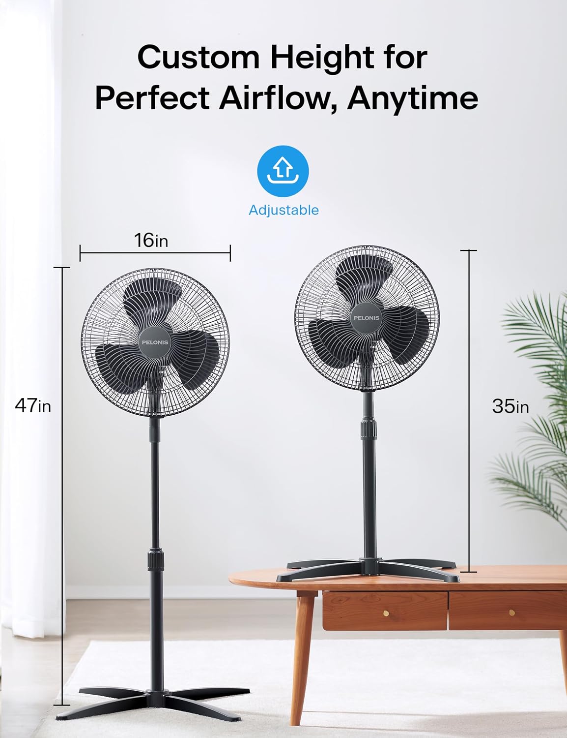 16" Adjustable Oscillating Pedestal Fan for Bedroom, Black | Budget Friendly 3-Speed Standing Fan with wide