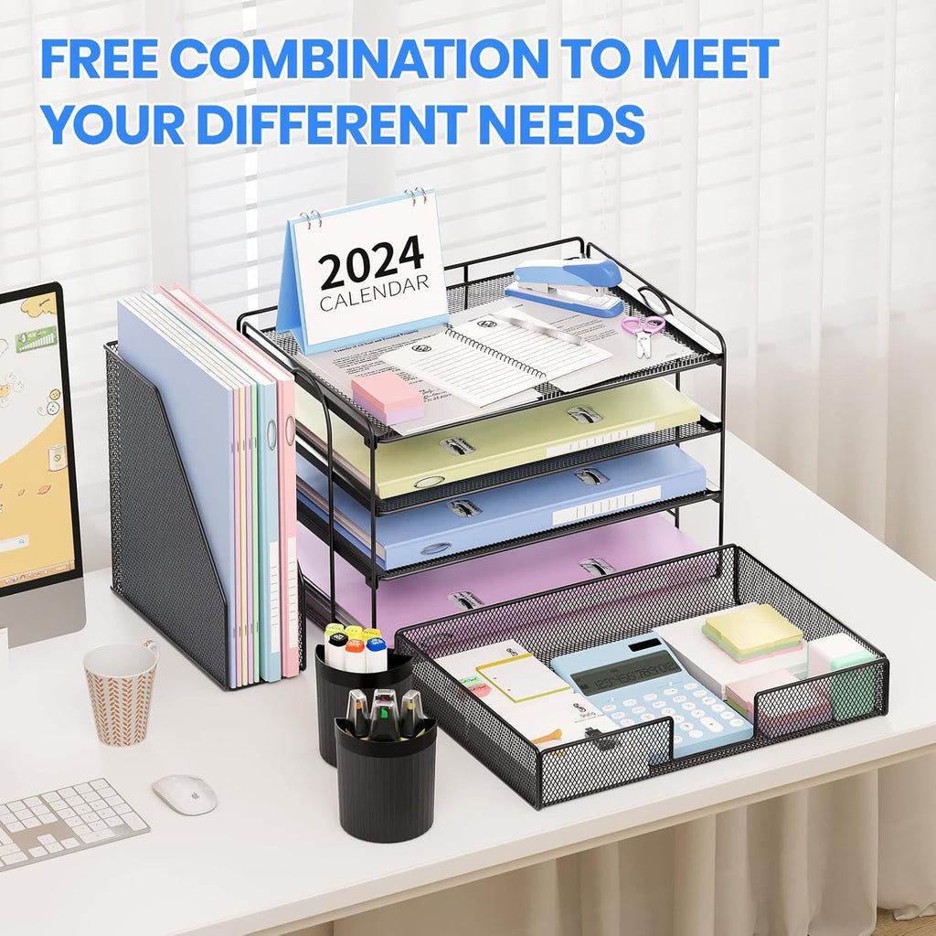 Desk Organizer, 4-Tier Desktop File Organizer with Drawer and 2 Pen Holders, Office Desk Accessories, File Sorters