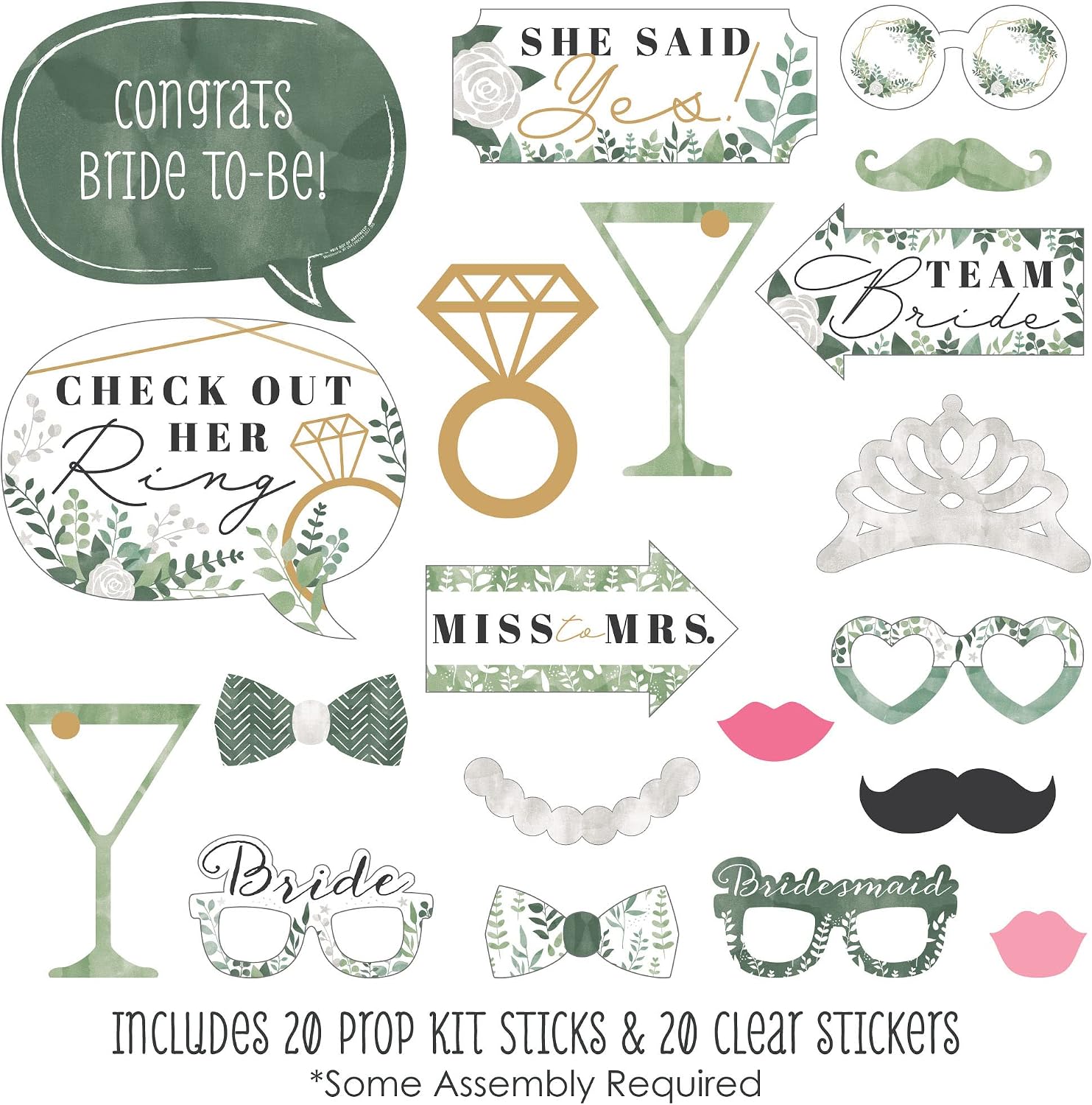 Boho Botanical Bridal Shower Photo Booth Prop Kit, DIY Props - 20pc
