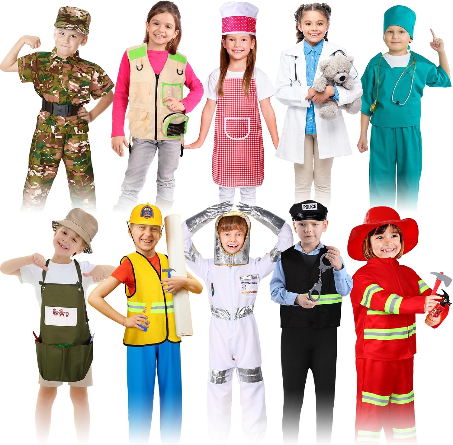 10 Set Dress up Clothes for 3-8 Years Old Washable Construction Policeman Fireman Doctor Chef Gardener Explorer