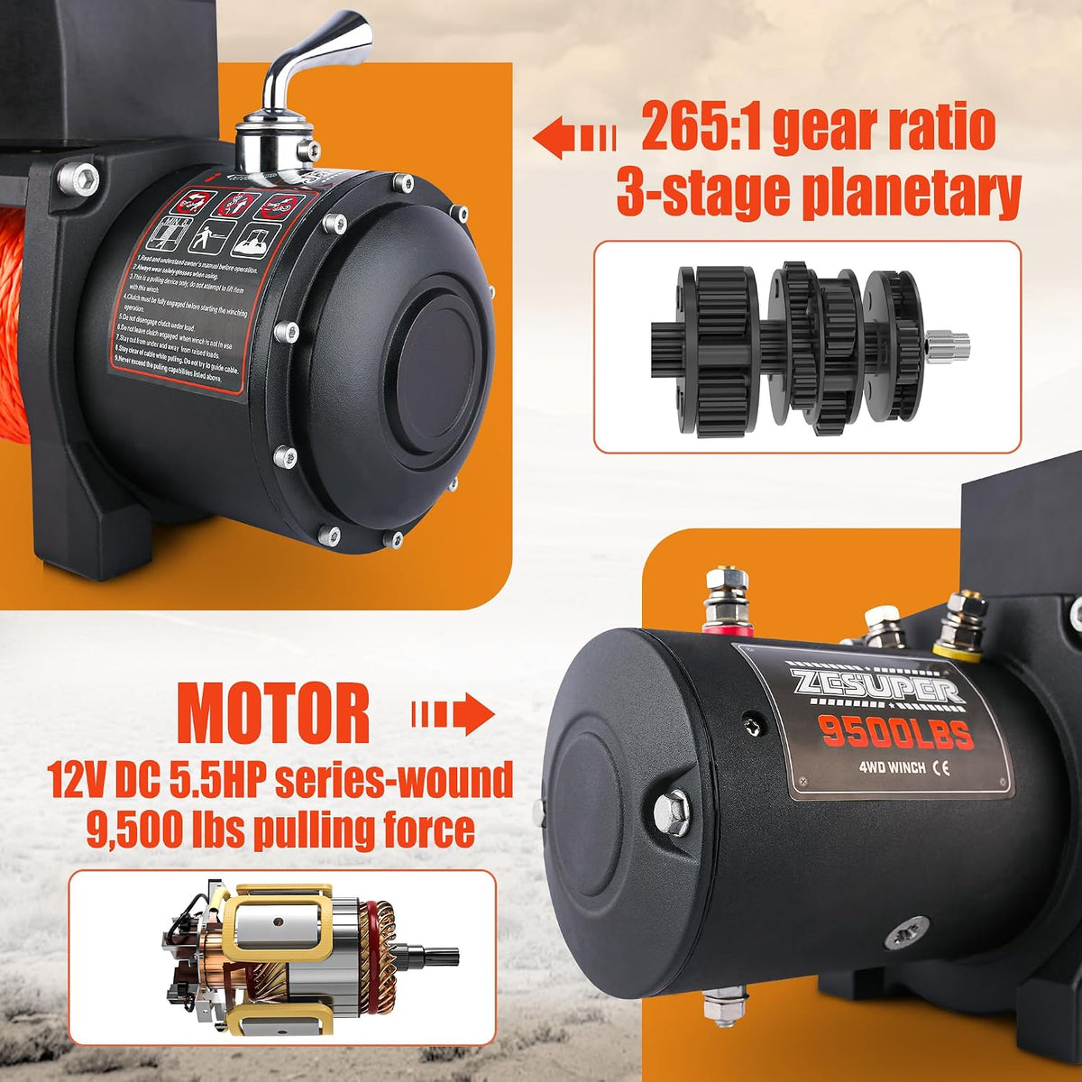 9500 lb Electric Winch 12V Waterproof IP68 Heavy Duty Trailer Winch