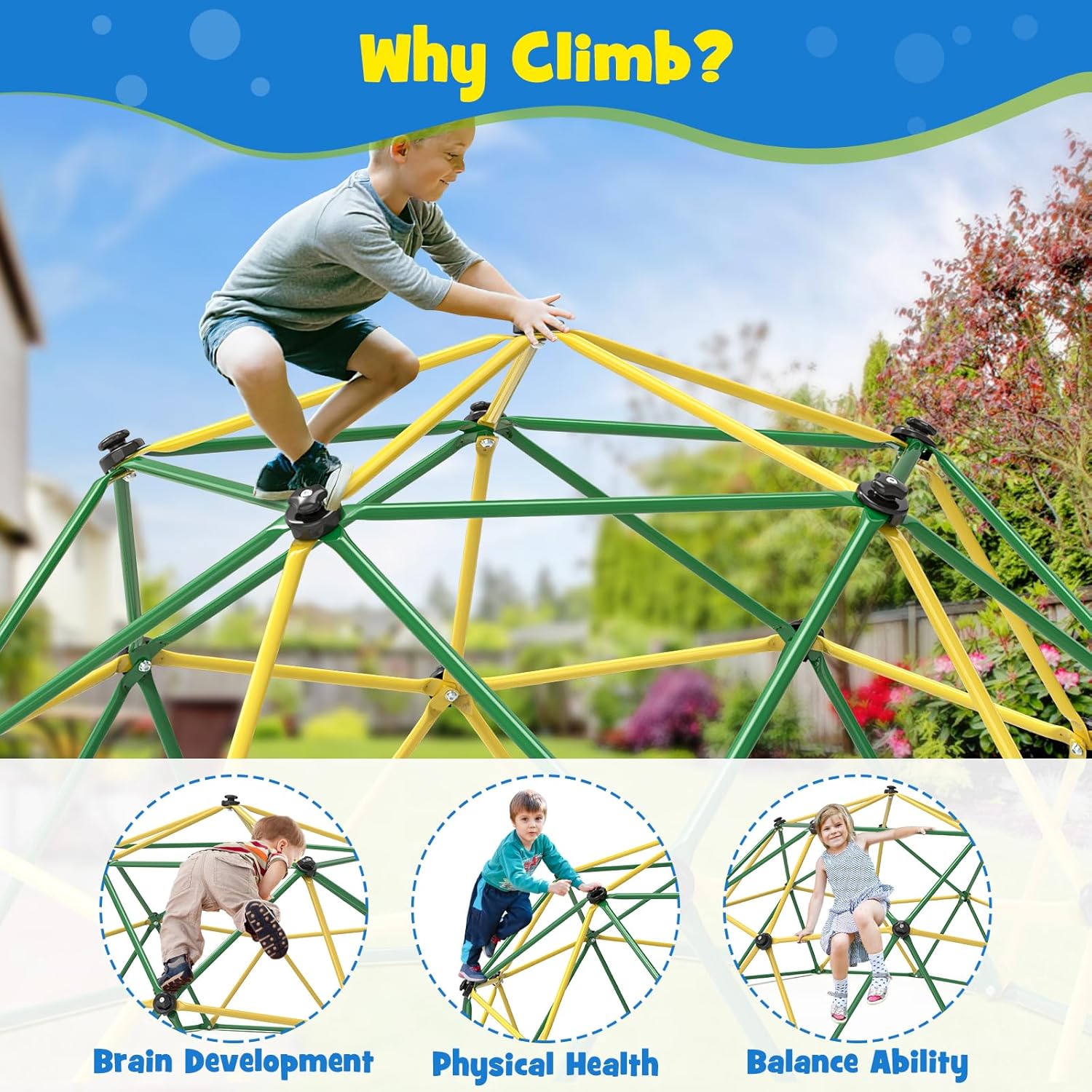Climbing Dome with Hammock and Swing, 10FT Backyard Jungle Gym | 10FT dome with hammock and swing creates climbing
