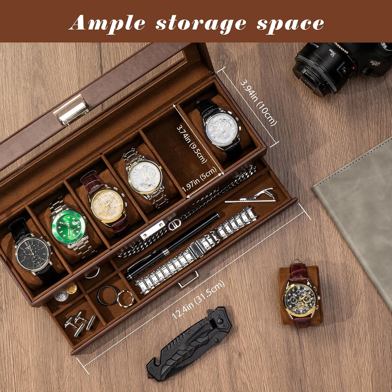 Watch Box, 6 Slot Watch Display Case with Drawer -Espresso | Mens Watches Case with Glass Lid, 2-Layer Mens Jewelry