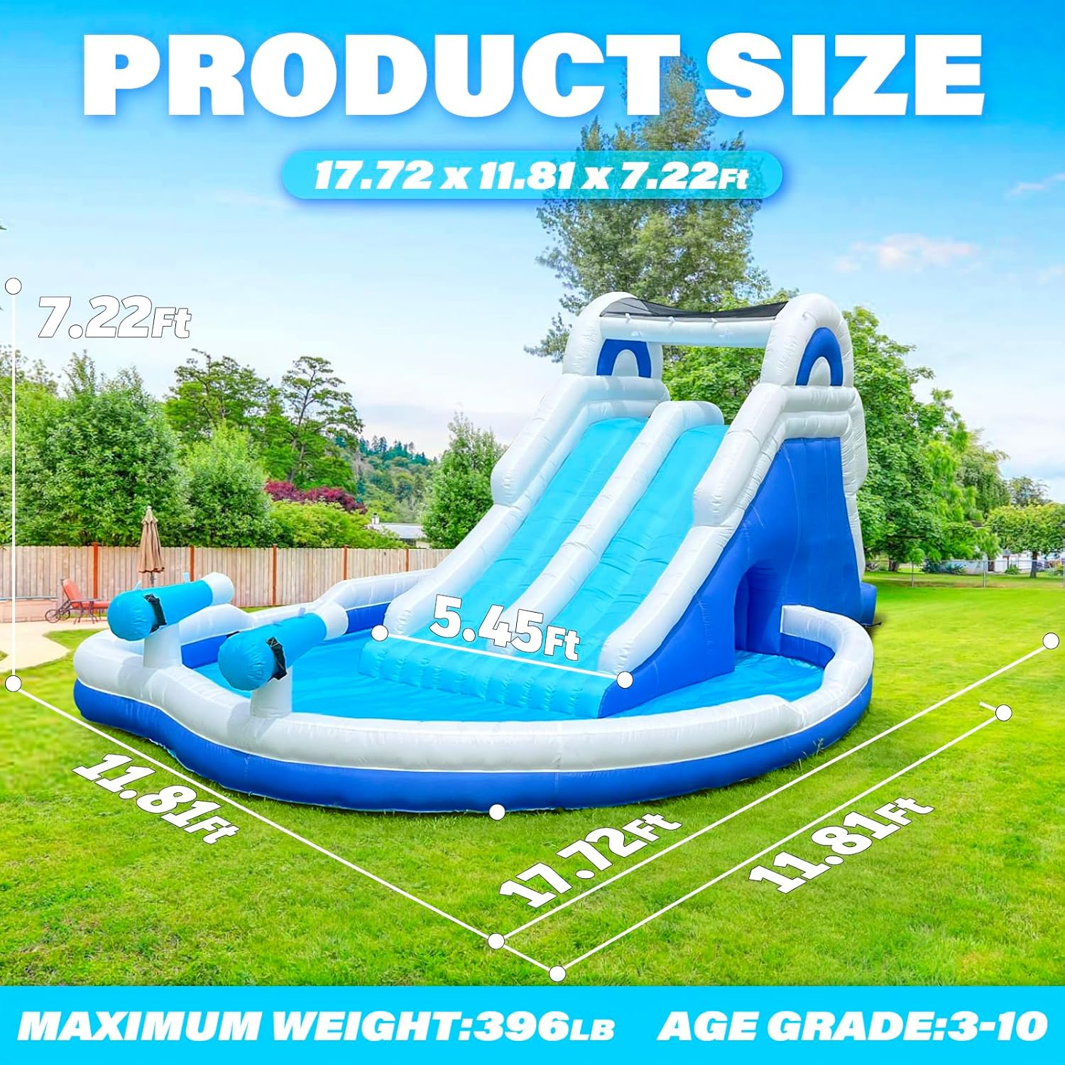 Inflatable Double Water Slide-17.7FT Large Climber Inflatable Water Park for Big Kids 5-10-Huge Splash Pool-Easy to