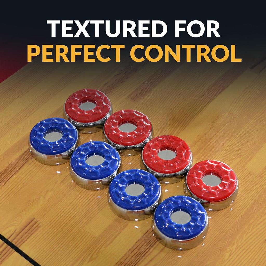 Shuffleboard Pucks Set of 8 – Regulation Sized Shuffleboard Discs with Dimpled Top for Easy Grip & Beveled Edge for
