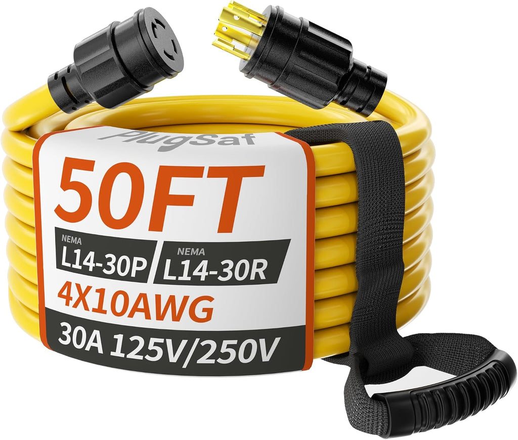 50FT 30 Amp Generator Cord 4 Prong, 10AWG 125/250V 3750/7500W STW | NEMA L14-30P/L14-30R Twist Lock Generator